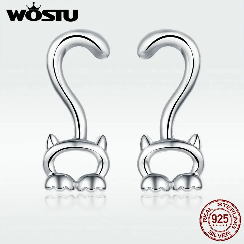 WOSTU Настоящее серебро 925 пробы Симпатичная кошка забавные серьги длинный хвост