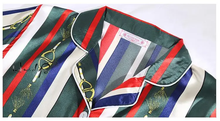 Stripe Printing Women's 7 Pieces Pajamas Sets Emulation Silk Satin Pajamas Women Sleepwear Sets Spring Summer Autumn Homewear