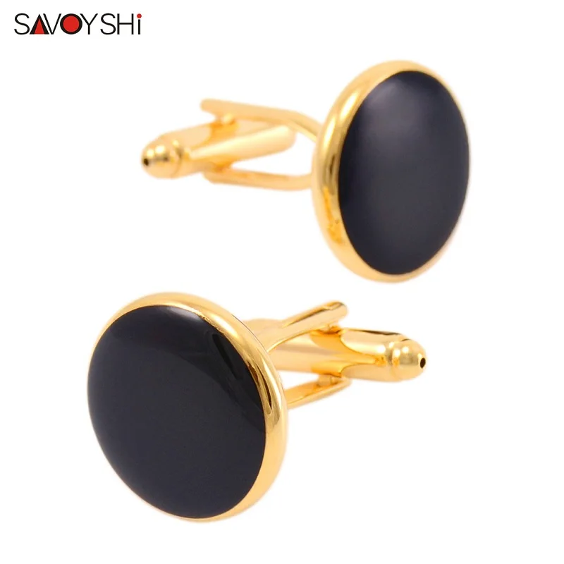 Cufflinks SAVOYSHI модные круглые запонки золотого цвета для мужчин французская рубашка высокого качества черная эмаль запонки Ссылка Подарок для папы мужские ювелирные изделия - Окраска металла: Cufflinks