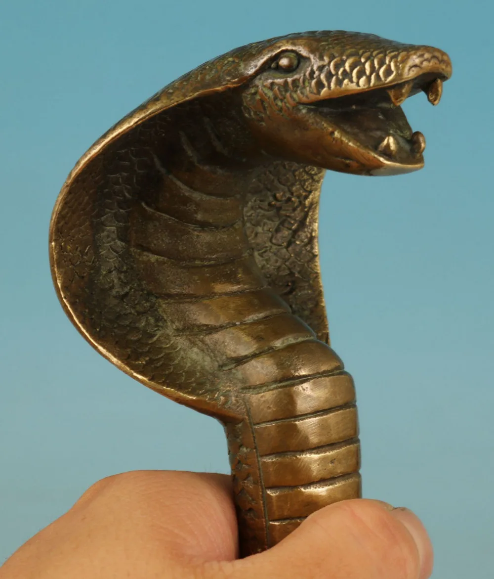 Chinese Old Bronze Handmade Carved cobra Snake Statue Cane Walking Stick Head | Дом и сад
