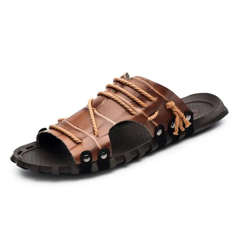TAOFFEN 6 Color Men Real Leather Sandals Solid Slip On Slippers Beach Holiday Refreshing Shoes Footwear Size 38-47 | Обувь