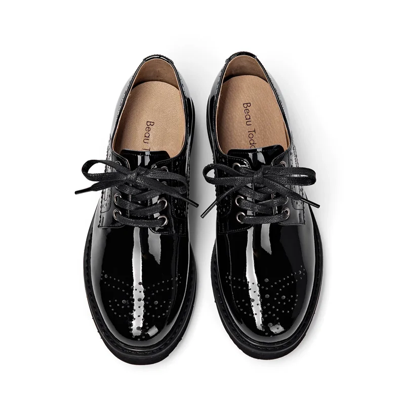BeauToday/обувь в стиле дерби женская обувь из натуральной коровьей кожи с круглым