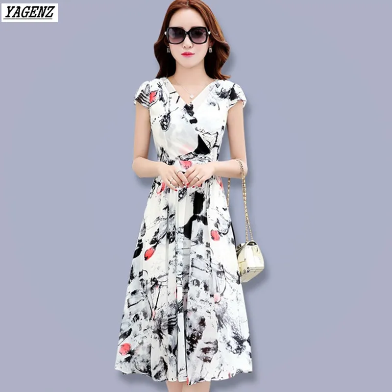 Женское шифоновое платье с V образным вырезом и коротким рукавом|beach dress|long dresschiffon