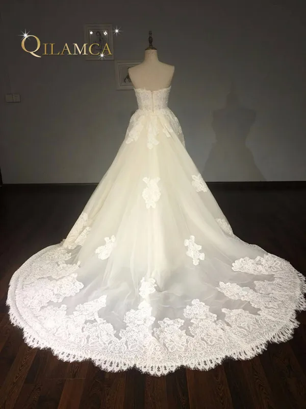 100% настоящая фотография Vestido De Noiva светло шампанского Аппликации Кружева Съемный