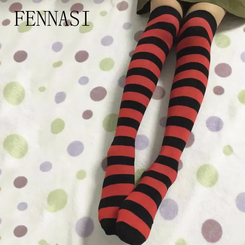 

Женские чулки FENNASI в полоску, аниме, японские Сладости, колготки для косплея, милые длинные чулки до колен для девочек, хлопковые чулки