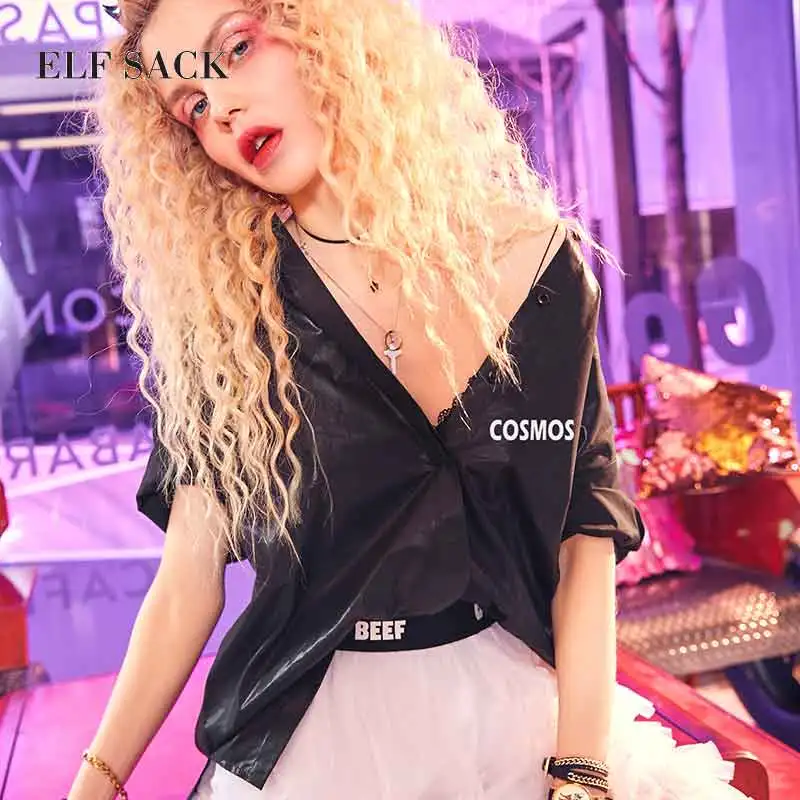 Женская короткая хлопковая рубашка ELFSACK однотонная Повседневная в Корейском