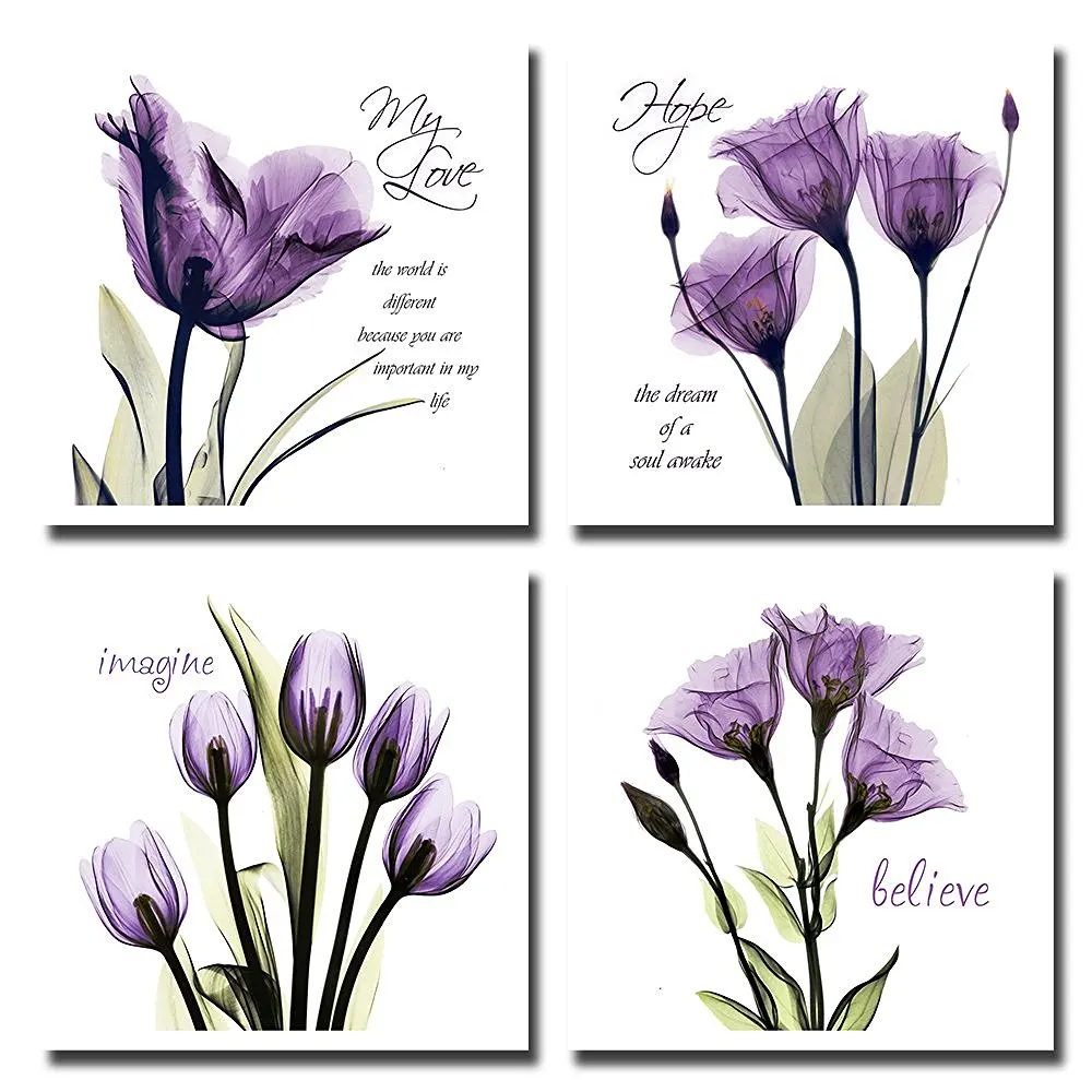 

BANMU Wall Pictures Photo Paintings Print on 4Pcs/Sets Huge Modern Giclee Prints Artwork Love Hope Purple Flowers Canva Wall Art