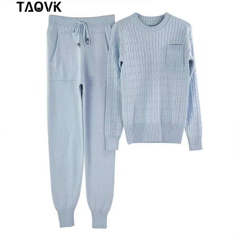 Blue TAOVK, женский свитер, костюм и комплекты, Повседневный, весна-осень, 2 шт., спортивный костюм, женские трикотажные брюки+ джемпер, топы, костюм, комплект одежды - Цвет: Blue