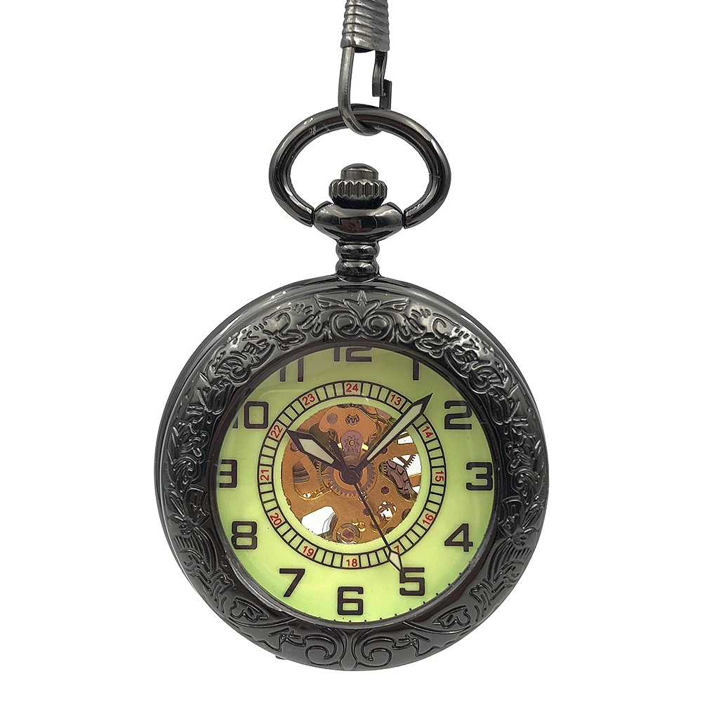 

See Though Classic Black Case Arabic Number Dial Skeleton Steampunk Mechanical Hand Wind Pocket Watch Relogio De Bolso Nice Gift