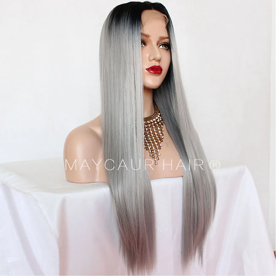 Maycaur черный серый Glueless синтетические парики на кружеве длинные натуральные Прямые серебристо-серые волосы парики для женщин