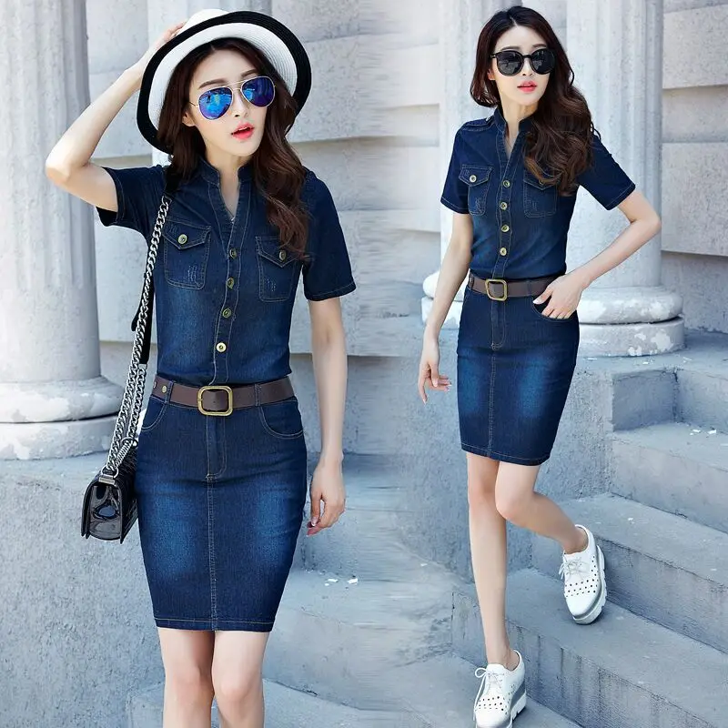 Джинсовое платье 2018 новое модное облегающее размера плюс с поясом высокое