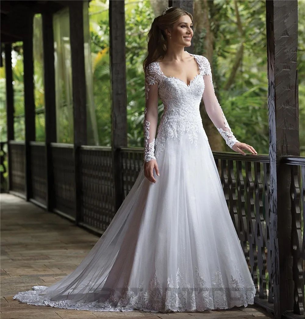

Custom Made Vestido de novia 2019 New Arrival Long Sleeves Lace Wedding Dress Vestidos de novia Shinning Sequined Wedding Gowns
