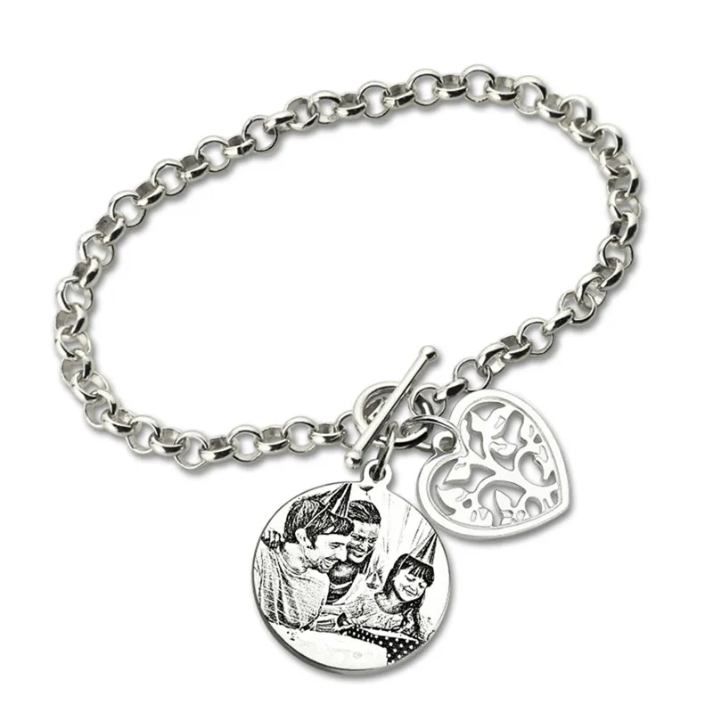 

Custom 925 Sterling Silver Photo Bracelet Family Tree Pendant Photo Engraved Chain Bracelet Picture Gifts for Mother#SS50