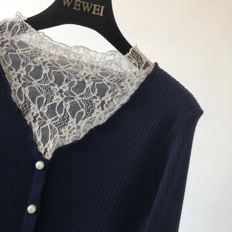 ALPHALMODA Sexy Lace Patchwork Sweater Single Breasted Slim Women Sweet Jumper V-neck Graceful Fall Winter Knitted Top | Женская одежда