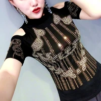 stand neck summer women blouse sexy new black luxury golden shinny drills tops off shoulder tight theath club blouses cc084