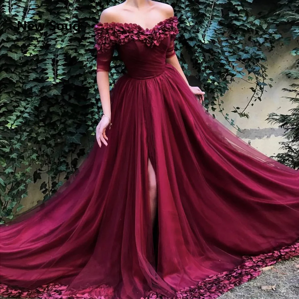 Burgundy Tulle 3D Applique Evening Dresses Sexy Off The Shoulder Side Split Sweep Train Long Prom Dress Formal Gowns | Свадьбы и
