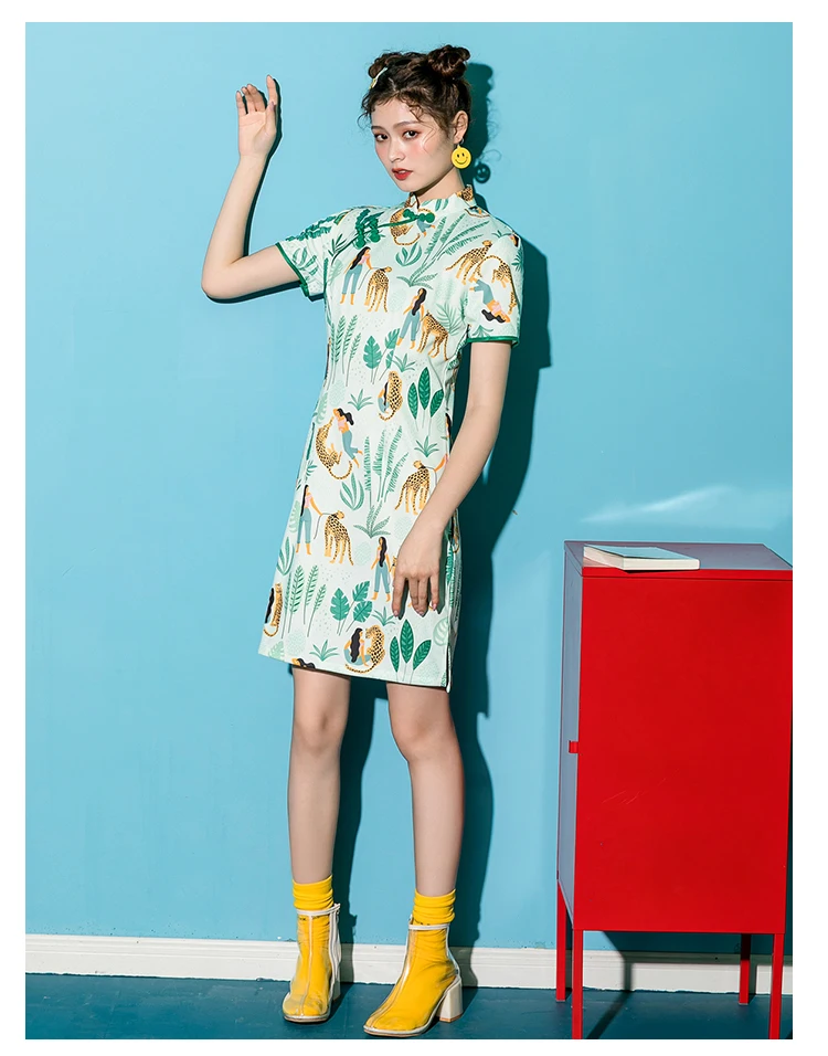 SWEETXUE Cat Leaf Print Cheongsam простое платье модное винтажное Сплит Мини Вечерние платья летние женские ретро платья в китайском стиле