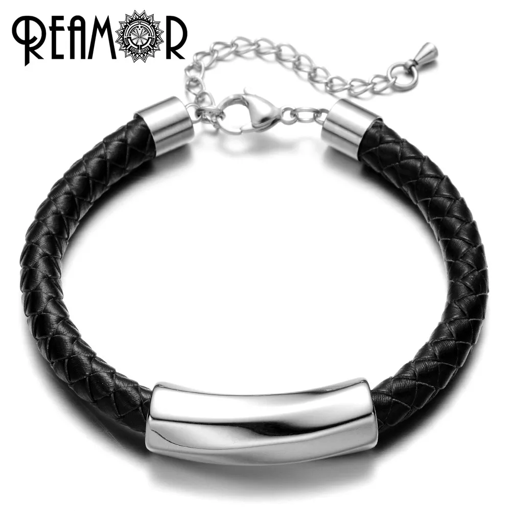 REAMOR 8mm Polishing/Frosted 316l Stainless Steel Bent Silver Color Cylinder European Charms Beads For Leather Bracelet Jewelry | Украшения