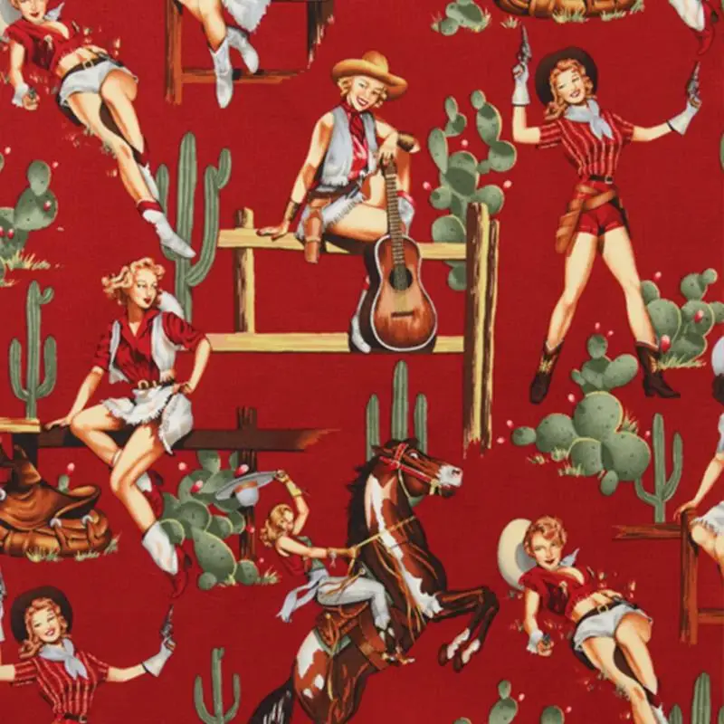 

LEO&LIN Red Color Old Fashion Girl Guitar Horse Twill Printed Poplin Western DIY Craft Patchwork Cotton Fabric Tissus 50cm