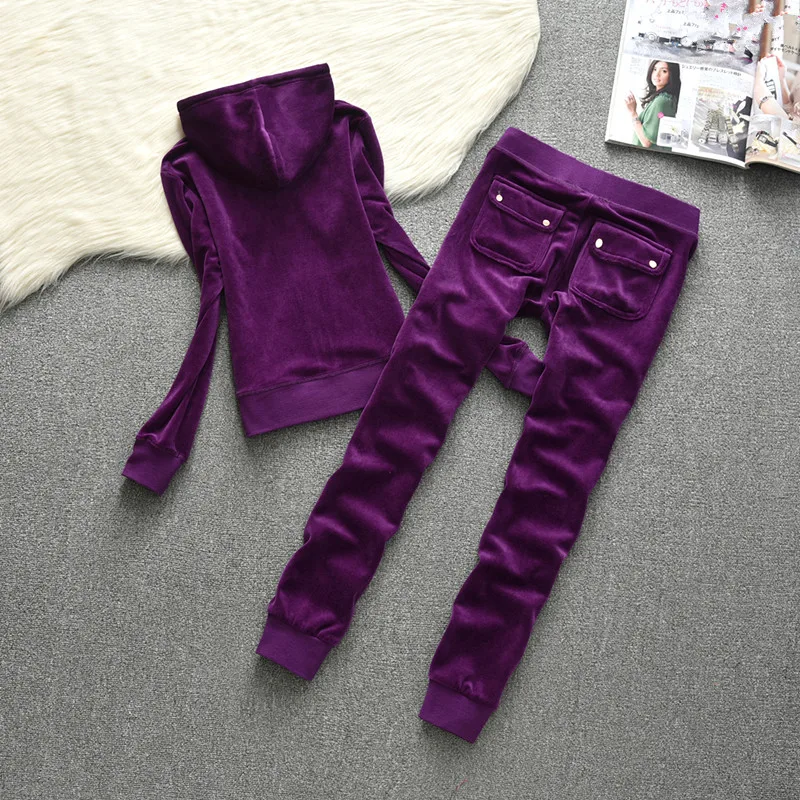 purple Женский брендовый Бархатный спортивный костюм, брючный костюм, Велюровый костюм, женский спортивный костюм, 2 вещи, худи и штаны, серый, черный, XXL - Цвет: purple