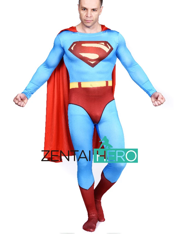 Бесплатная доставка DHL печать синий лайкра зентай Костюм Супермена взрослый
