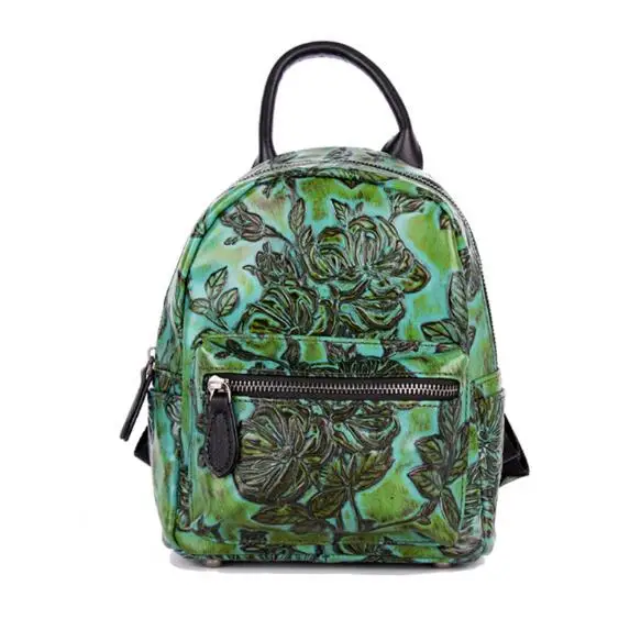 

Vintage style small flower print women backpack genuine leather shcool bag