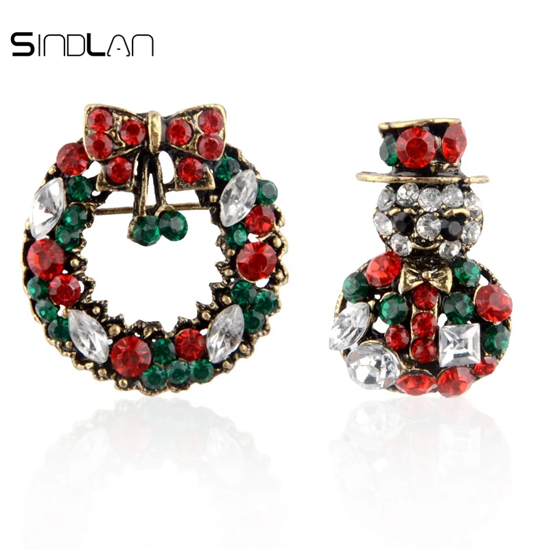 Sindlan Brooch Christmas Jewelry New Year Decoration Vintage Crystal Bow Wreath Snowman Boutonniere Enamel Pin For Women | Украшения и