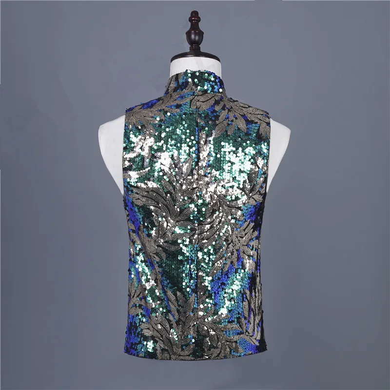 Tide Male Singer Nightclub Costume Vintage Golden Green Sequins Vest Slim Waistcoat Drum Dancer Bar Stage Performance | Мужская одежда