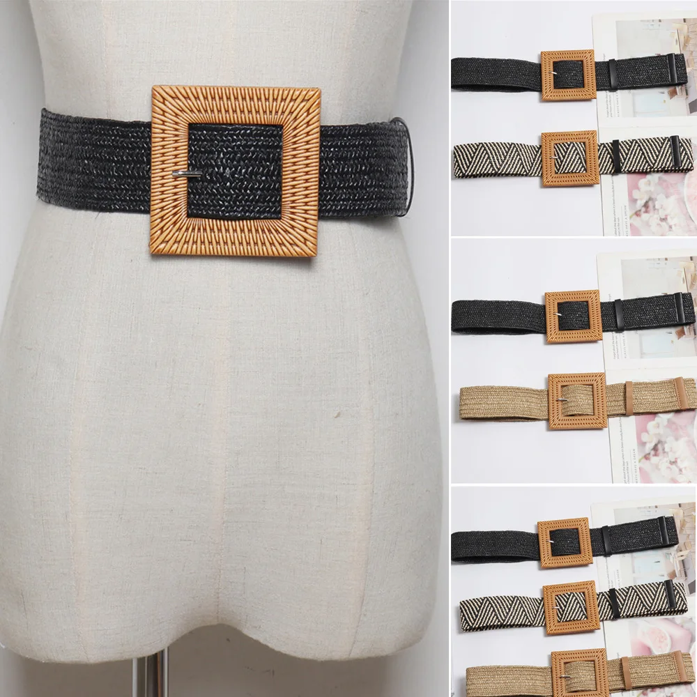 Brand New Fashion Sexy Women Round Elastic Belts Casual Girl Square Wooden Buckle Straw Belt Braided Woven Waistband Hot Sale