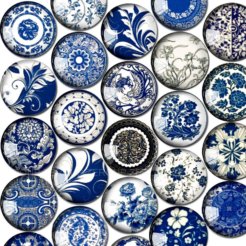 

ZEROUP Round Glass Cabochon 12mm 20mm Blue and White Porcelain Pictures Dome Embellishment Base Supplies for Jewelry Finding