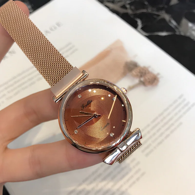 Gold Brown Роскошные женские часы, женские тонкие часы с магнитным ремешком, модные женские качественные японские кварцевые наручные часы Zegarek Damski - Цвет: Gold Brown