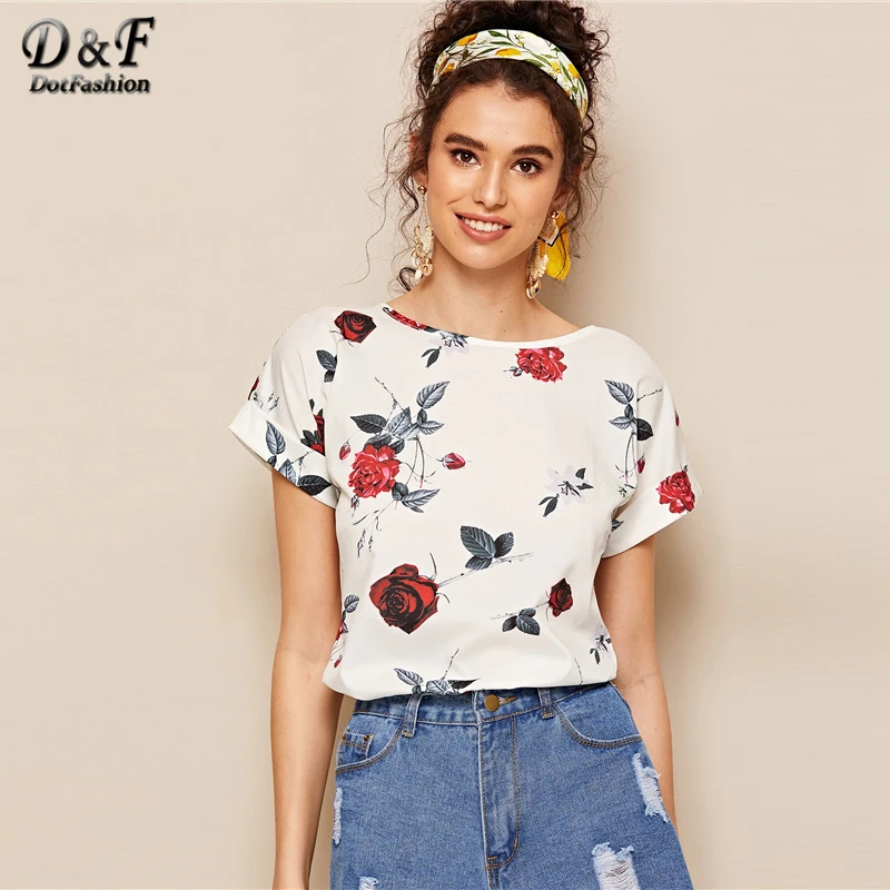 Dotfashion белая женская блузка с цветочным принтом, свернутые манжеты,, летняя повседневная одежда с коротким рукавом, женские корейские модные топы