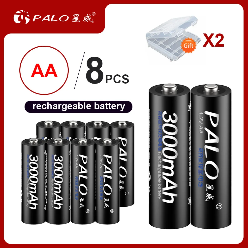 PALO 8 шт. 100% оригинальные батареи 1 2 в AA 3000 мАч Ni MH 2a 2A перезаряжаемая батарея для