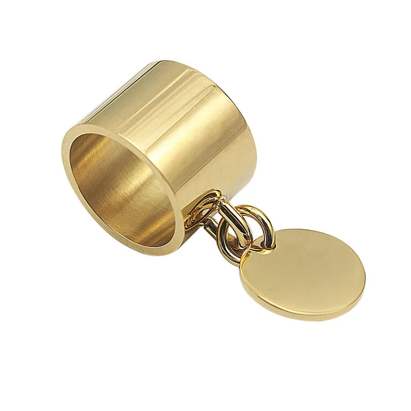 Engraving big wide Gold Color Plain Band Midi customizing brand finger rings with round metal charm tag customized bague|finger ring|wide ringring