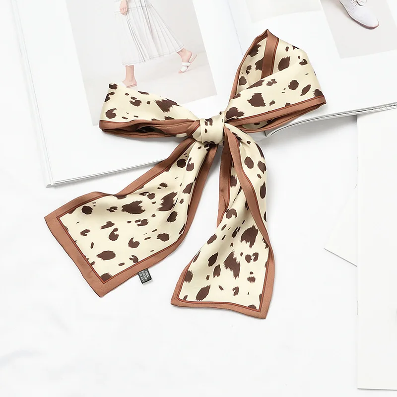 Leopard-print Beige Клевер роскошный шарф для волос 9,5x98 см тонкий шарф шелковый галстук на голову винтажный женский атласный элегантный Леопардовый весенне-осенний - Цвет: Leopard-print Beige
