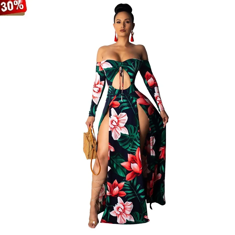 Женское платье с открытыми плечами длинное макси цветочным принтом и завязками