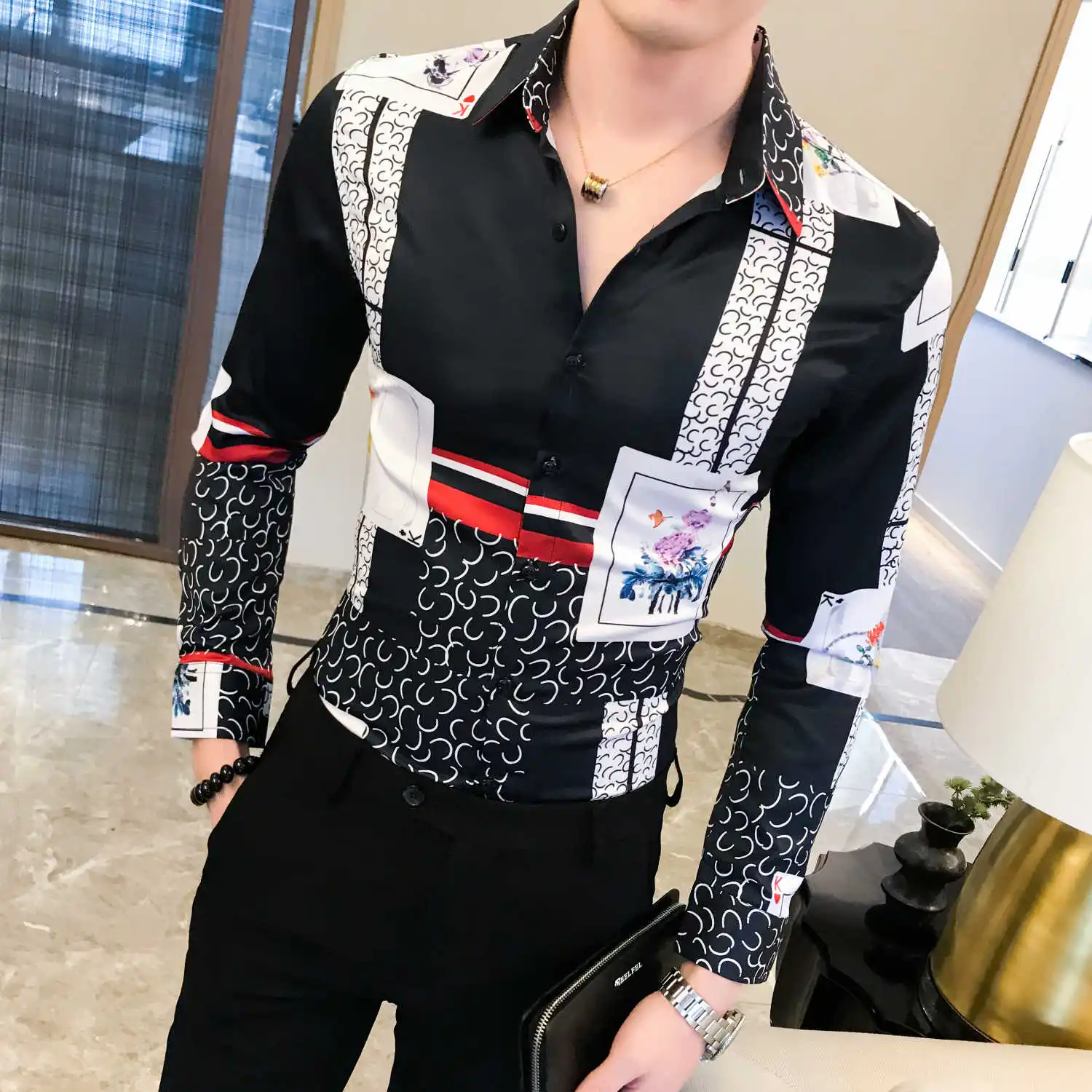 Мужская рубашка с принтом Camisa осенняя уличная Облегающая длинным рукавом