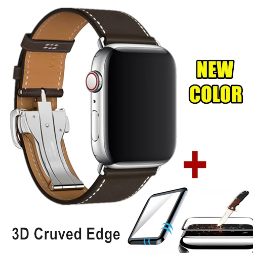 С логотипом кожаный ремешок с пряжкой для часов Apple Watch 44/40 мм сменный Браслет для iWatch 5 ремешок - Цвет ремешка: Ebene