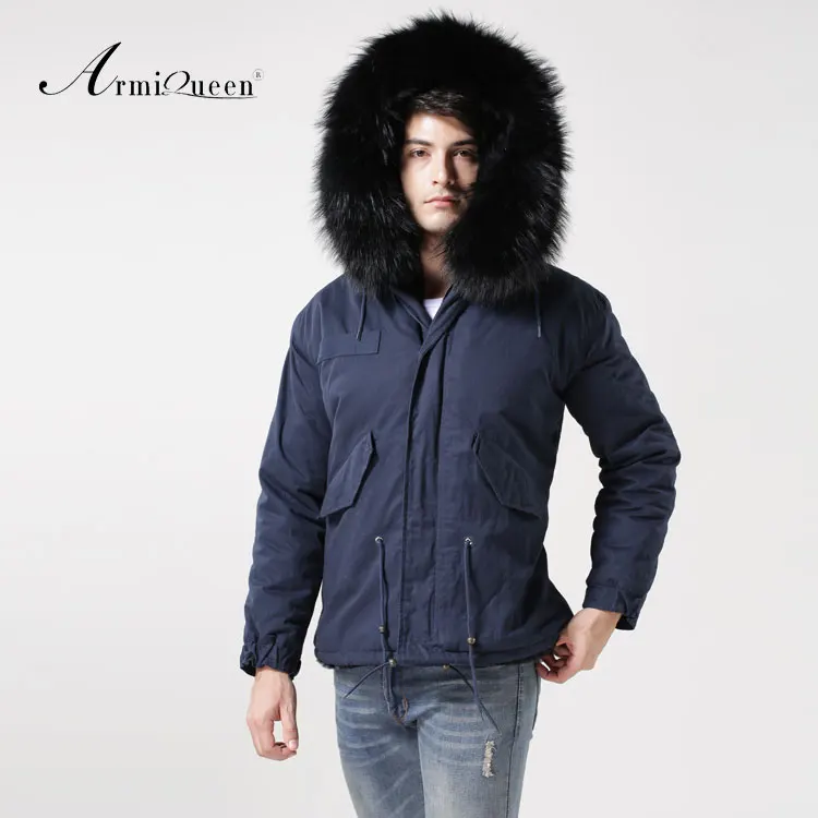 Темно синяя оболочка ткань снаружи черный мех внутри и капюшон мужская стильная