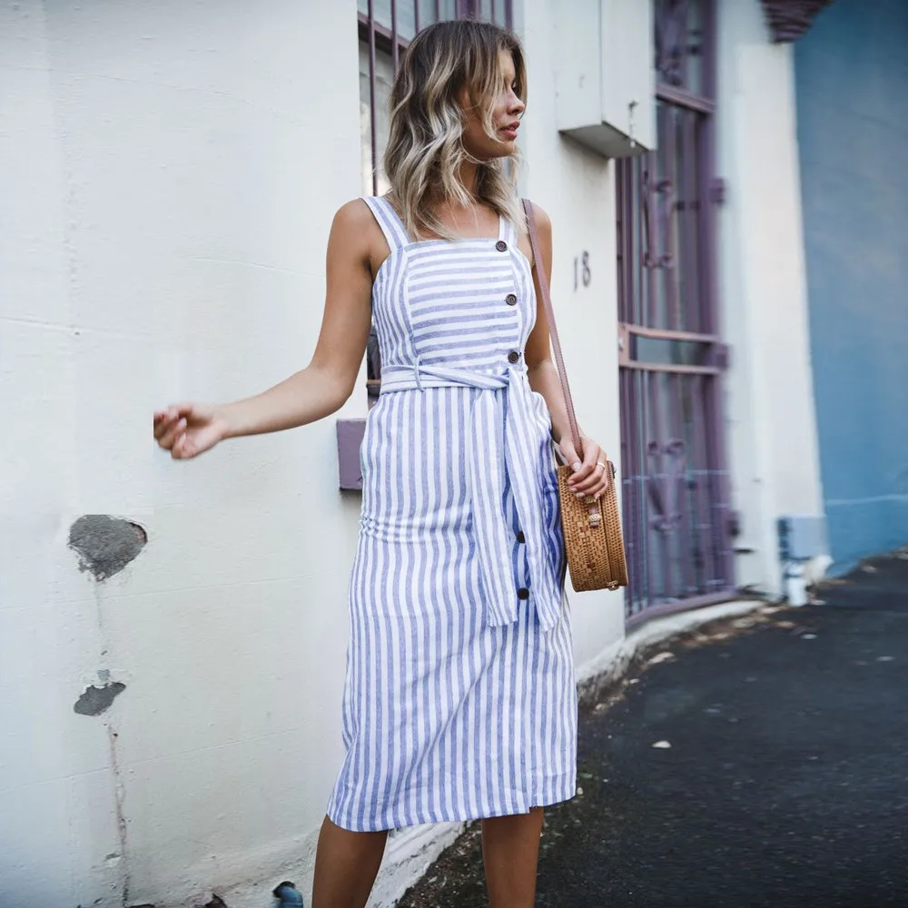 Летнее платье Для женщин сексуальная Boho Полосатое без рукавов пляжные Стиль