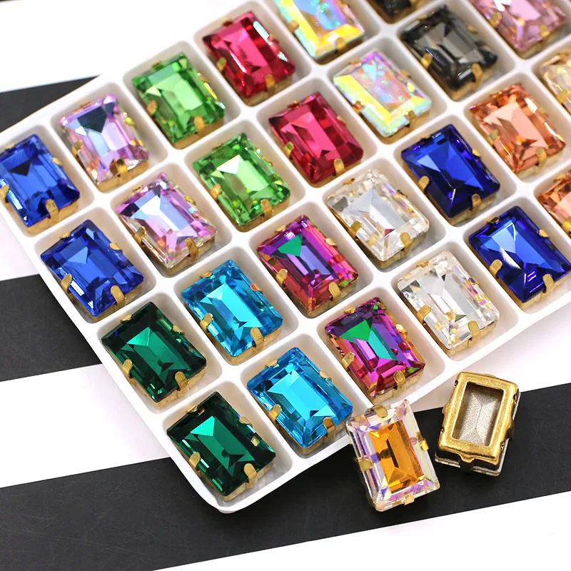 Wedding decoration 10x14mm K9 glass rhinstones crystal rectangle Hollow Gold base sew on rhinestones for clothing dress | Дом и сад