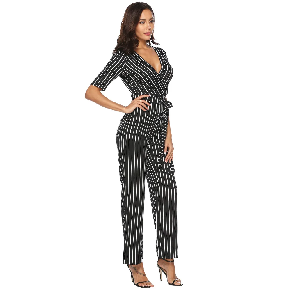 

Elegant Sexy One piece Jumpsuit women V neck stripe bodysuit Sashes Belted Leotard overalls Casual bodycon black jumpsuit Long