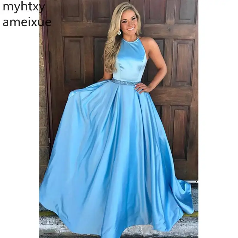 

Modest Sleeveless Halter Cheap Blue Plus Size Evening Gowns Long Formal Prom Dress 2021 Fiesta Celebrity Gowns Robe De Soiree