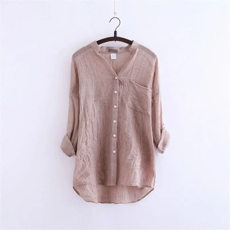 Khaki 4XL Летняя блузка рубашка женская одежда хлопок льняная Повседневная рубашка блуза Femme уличная одежда размера плюс женская белая рубашка блузка Q1377 - Цвет: Khaki