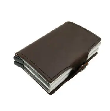 Dark brown double Винтажный держатель для карт из натуральной кожи Rfid блокирующий Кошелек Алюминиевый унисекс Crazy Horse кожаный двойной металлический кредитный держатель для карт s - Цвет: Dark brown double