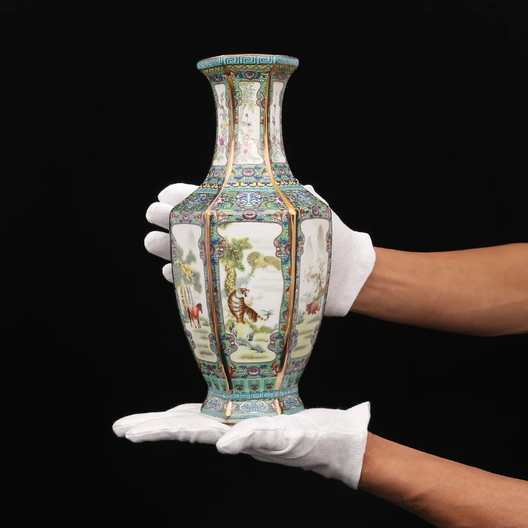 Enamel Ceramic Vase Painting in Qianlong Year Mark Golden Zodiac Hexagonal Vase Antique Porcelain Collection
