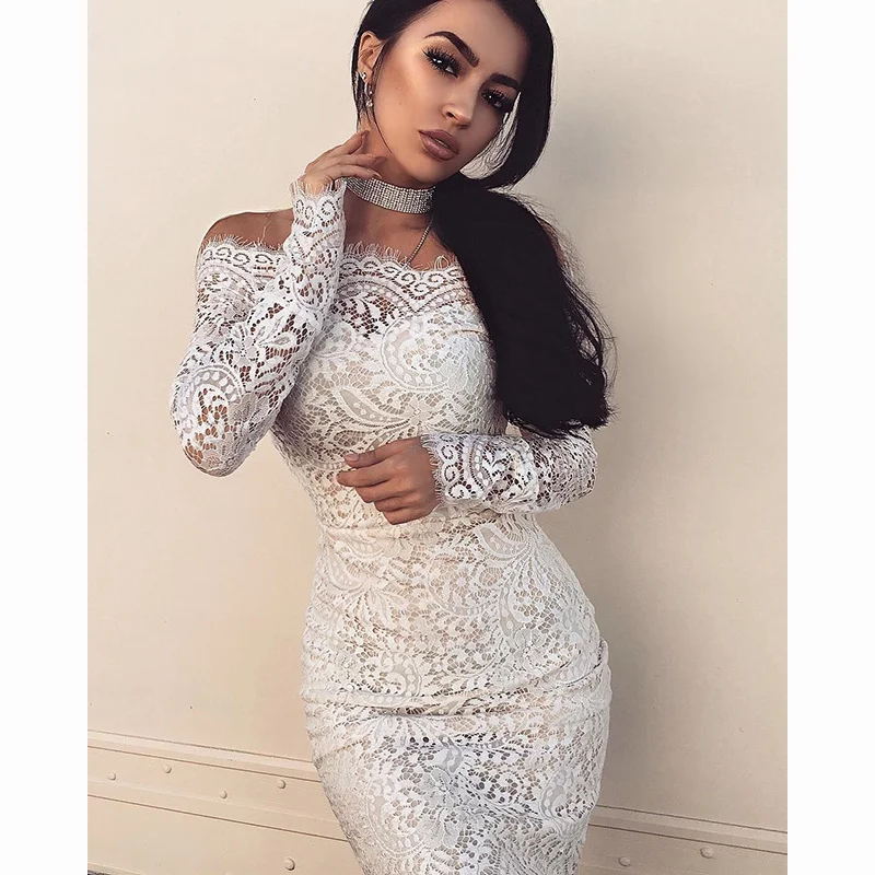 Новинка 2019 облегающее кружевное платье с открытыми плечами и длинными рукавами