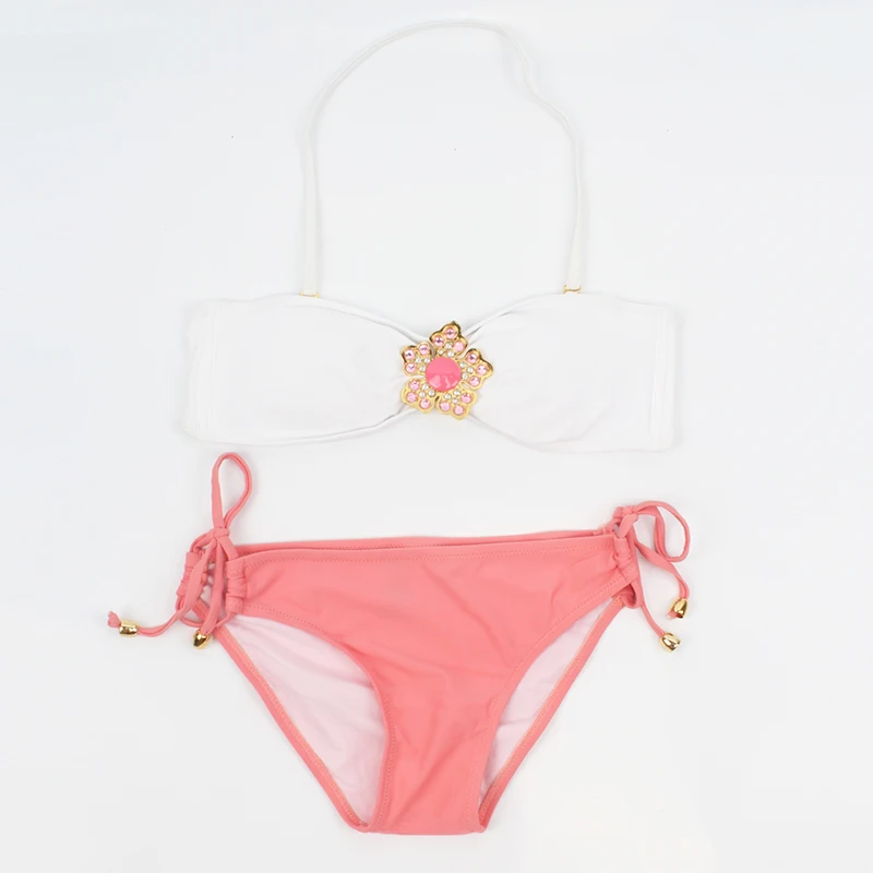 Explosion Models White with Pink Flower Crystal Tube Top String Swimming Trunks Sexy Hot Body Bikini |