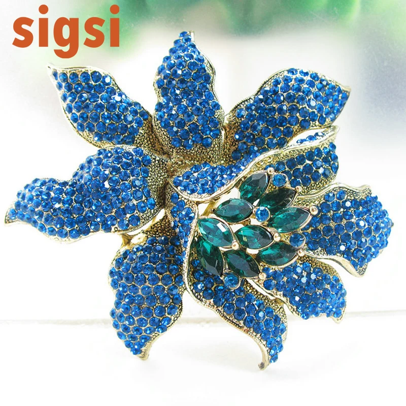 Kopen Blauw Groene Orchidee Bloem Crystal Broche Vintage Bruiloft Accessoires Bruidsboeket Broche Voor Sash Gesp Decoratie 10.0 Cm * 9 Cm