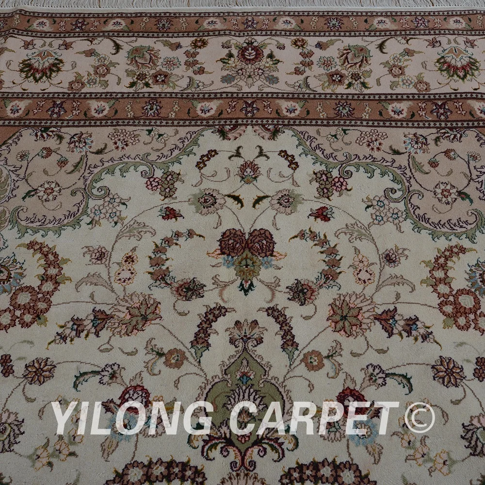 Yilong 8 'x 10' Античная Тебриз ковёр из шелка и шерсти бежевый изысканный